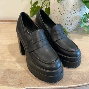 Aldo Black Platform Chunky Heel Loafers